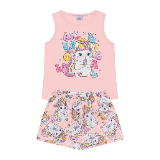 PIJAMA CORTO ROSADO ALGODÓN GATOS FOTOLUMINISCENTE-0