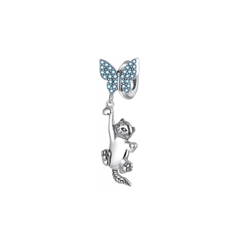 Charm Gatito Y Mariposa Celeste En Plata 925 Silver Heart-0