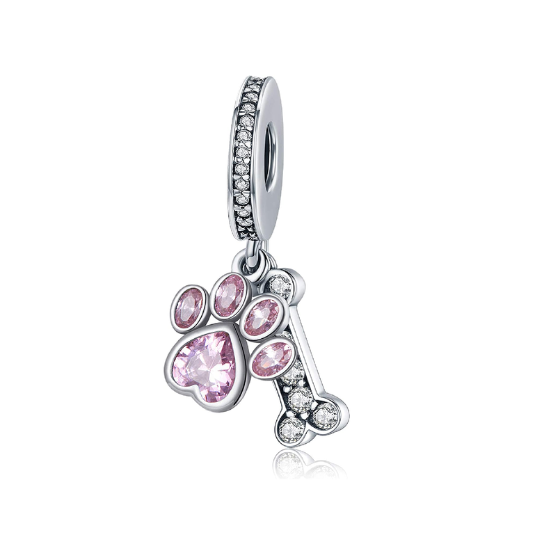 Charm Hueso Huella Perro Cristal Rosa Plata 925 Silver Heart-0