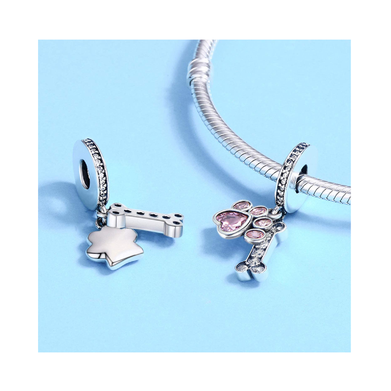 Charm Hueso Huella Perro Cristal Rosa Plata 925 Silver Heart-1