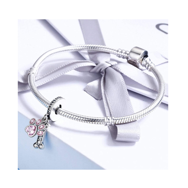 Charm Hueso Huella Perro Cristal Rosa Plata 925 Silver Heart-2