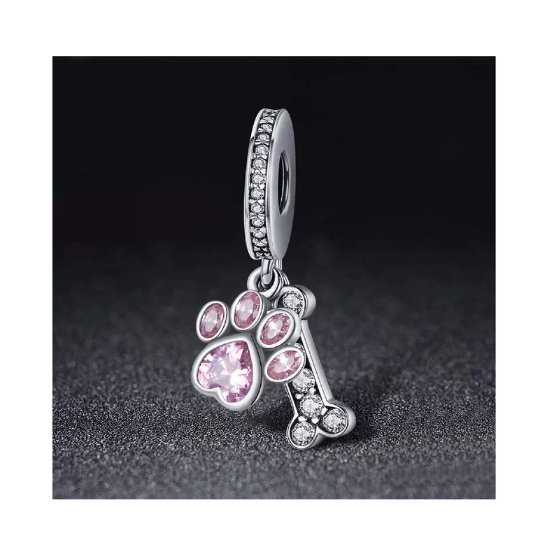 Charm Hueso Huella Perro Cristal Rosa Plata 925 Silver Heart-3