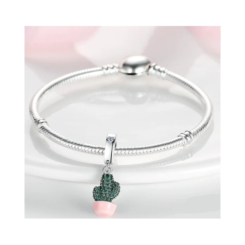 Charm Cactus Y Circones Verdes En Plata 925 Silver Heart-1