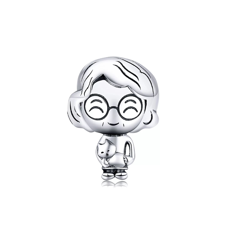 Charm Abuela Sonriente Y Gatito En Plata 925 Silver Heart-0