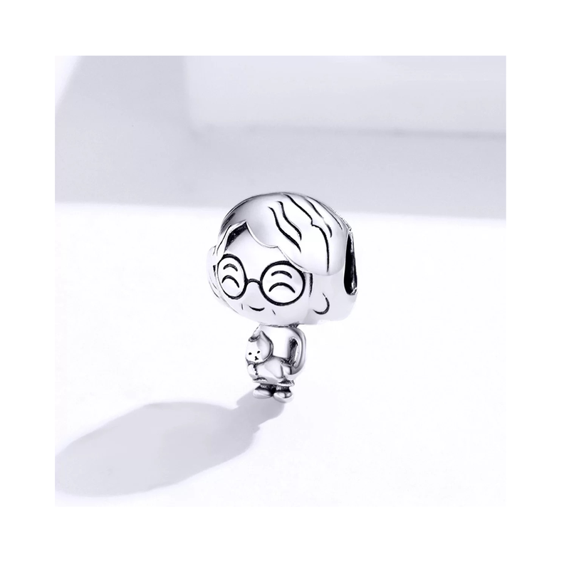 Charm Abuela Sonriente Y Gatito En Plata 925 Silver Heart-2