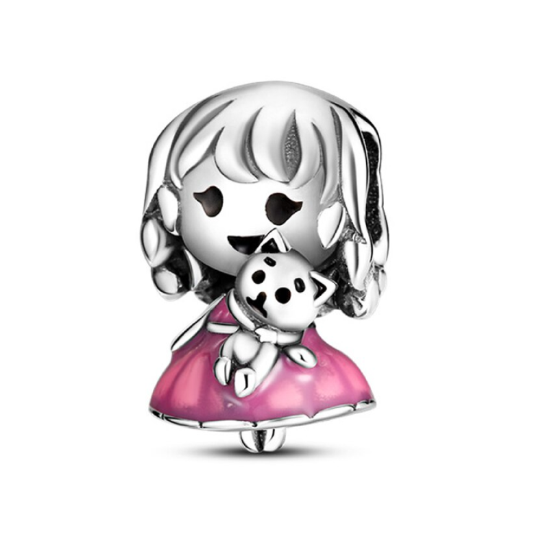 Charm Niña Y Gatito Tierno En Plata 925 Silver Heart-0