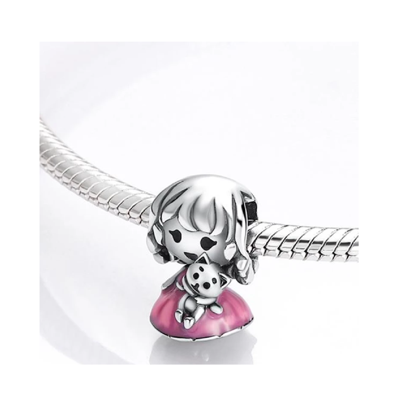 Charm Niña Y Gatito Tierno En Plata 925 Silver Heart-1