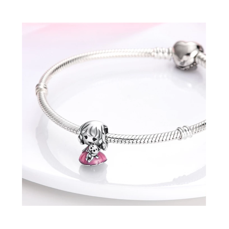 Charm Niña Y Gatito Tierno En Plata 925 Silver Heart-2
