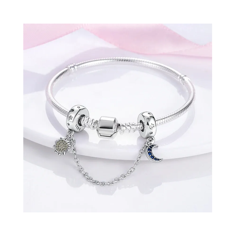Charm Cadena Seguridad Media Luna Sol Plata 925 Silver Heart-1