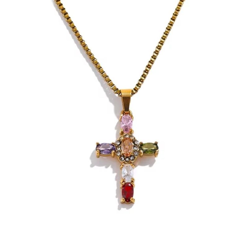 Collar Cruz Multicolor con Circonitas – Acero Inoxidable | Joyería Fina y Elegante-0