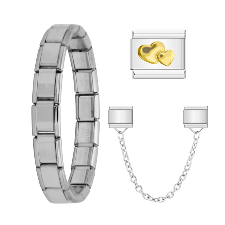 Pack Pulsera Italiana + Corazones & Cadena Seguridad Acero Inoxidable-0