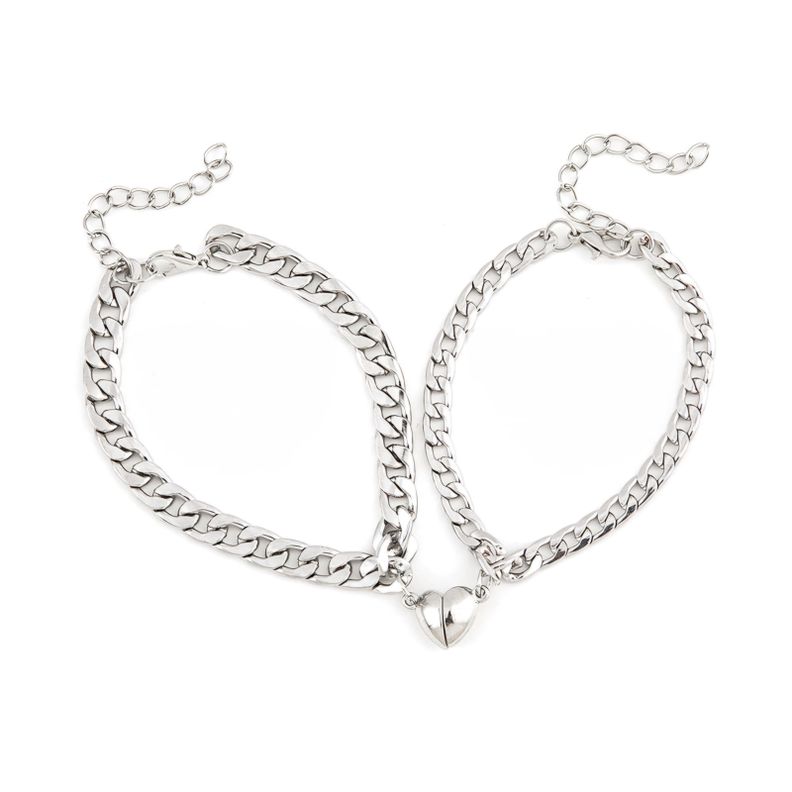 Duo Pulseras Cadena Cubana con Corazón Magnético – Acero-0
