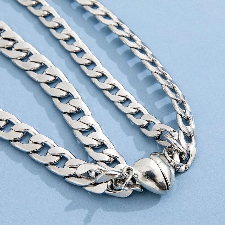 Duo Pulseras Cadena Cubana con Corazón Magnético – Acero-2