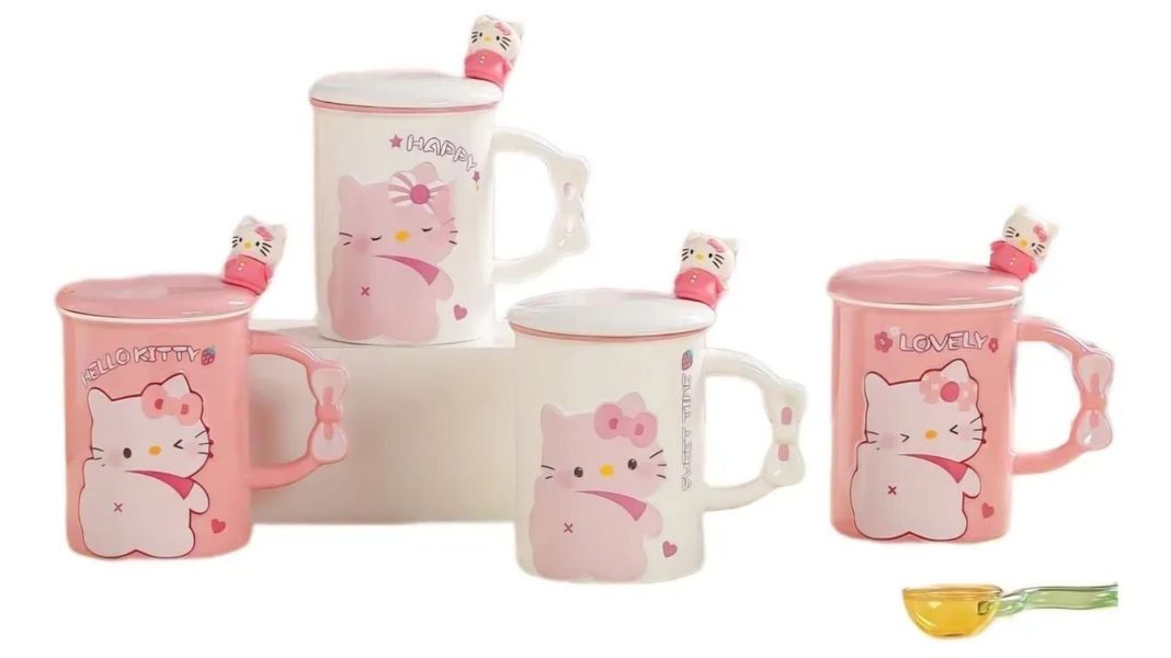 Taza Tazon Mug Hello Kitty Tapa Cuchara Rosa chinita