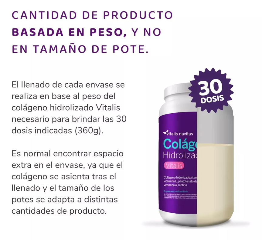 Colágeno Hidrolizado Vitalis, Suplemento Alimentario 360g Plan 30 días-3