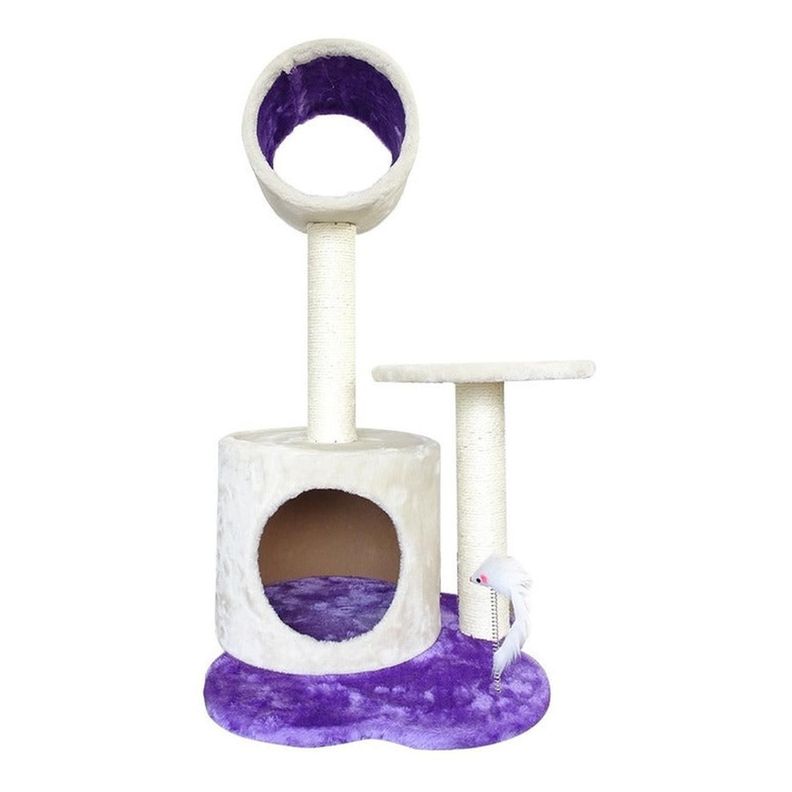 Rascador Interactivo Para Gatos Doble Piso Con Juguete Raton Lila 80
