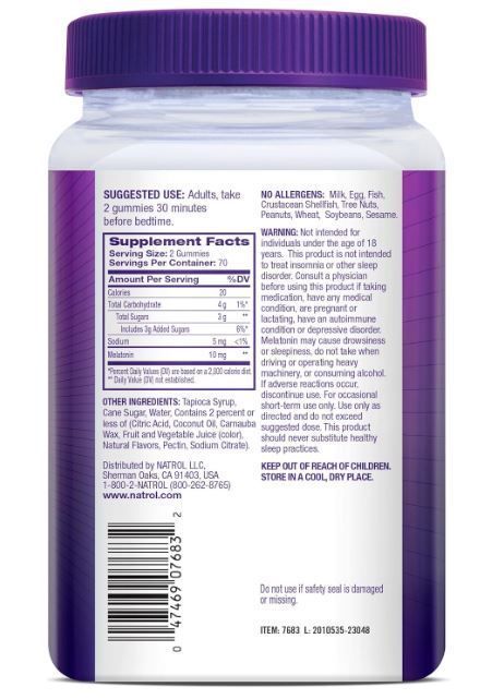 Melatonina 10mg 140 gomitas sabor frutilla - Marca Natrol - 70 Servicios-1