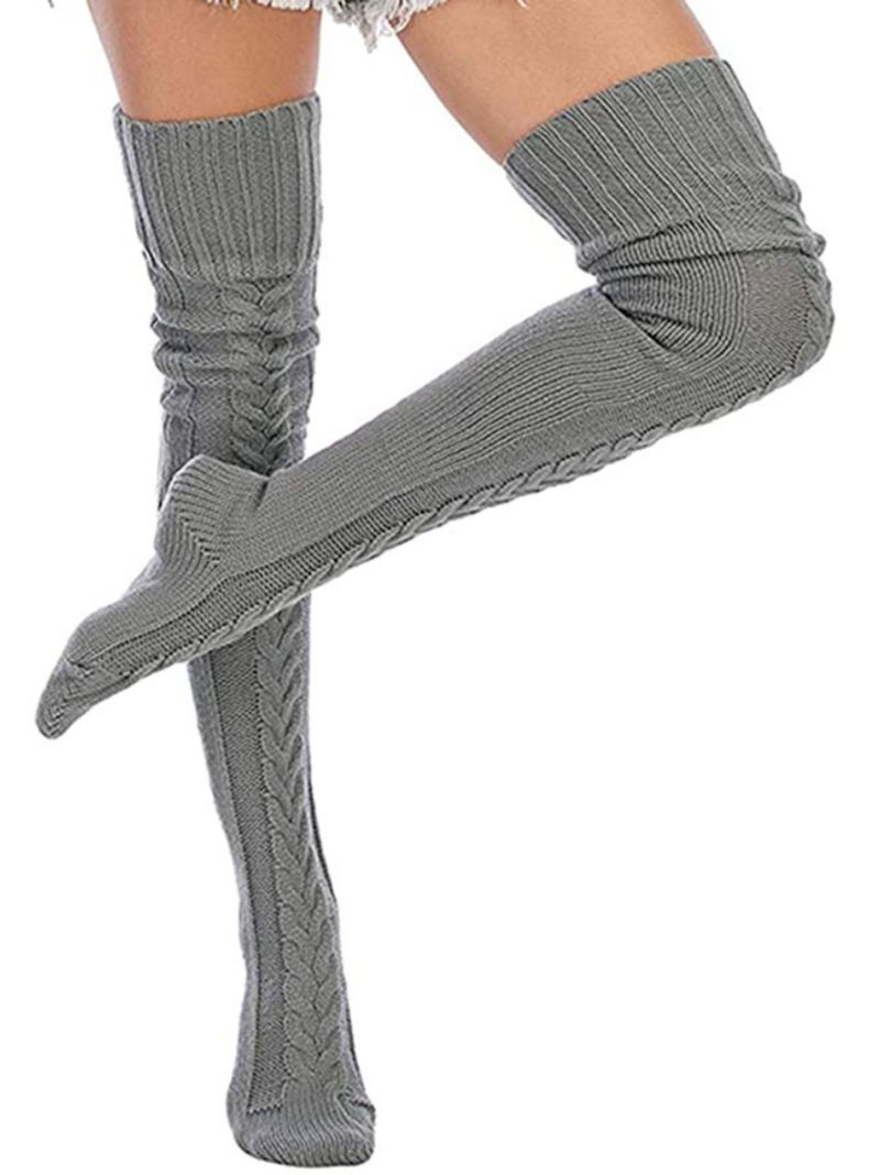 Calcetas Invierno tejidas encima de Rodilla GRIS-2