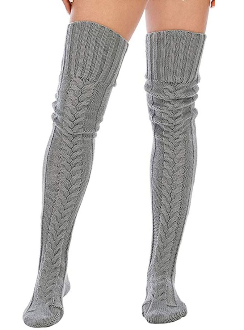 Calcetas Invierno tejidas encima de Rodilla GRIS-3