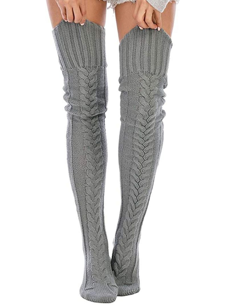 Calcetas Invierno tejidas encima de Rodilla GRIS-4