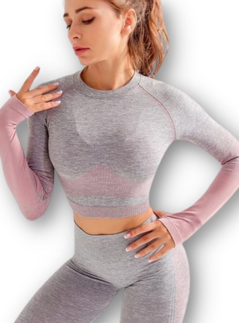 Conjunto Fitness Rosado Gimnasio 2 Piezas Manga Larga Sin Costuras-0