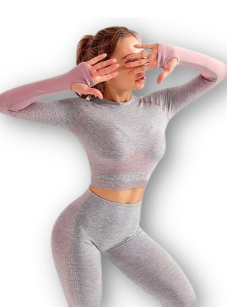 Conjunto Fitness Rosado Gimnasio 2 Piezas Manga Larga Sin Costuras-1