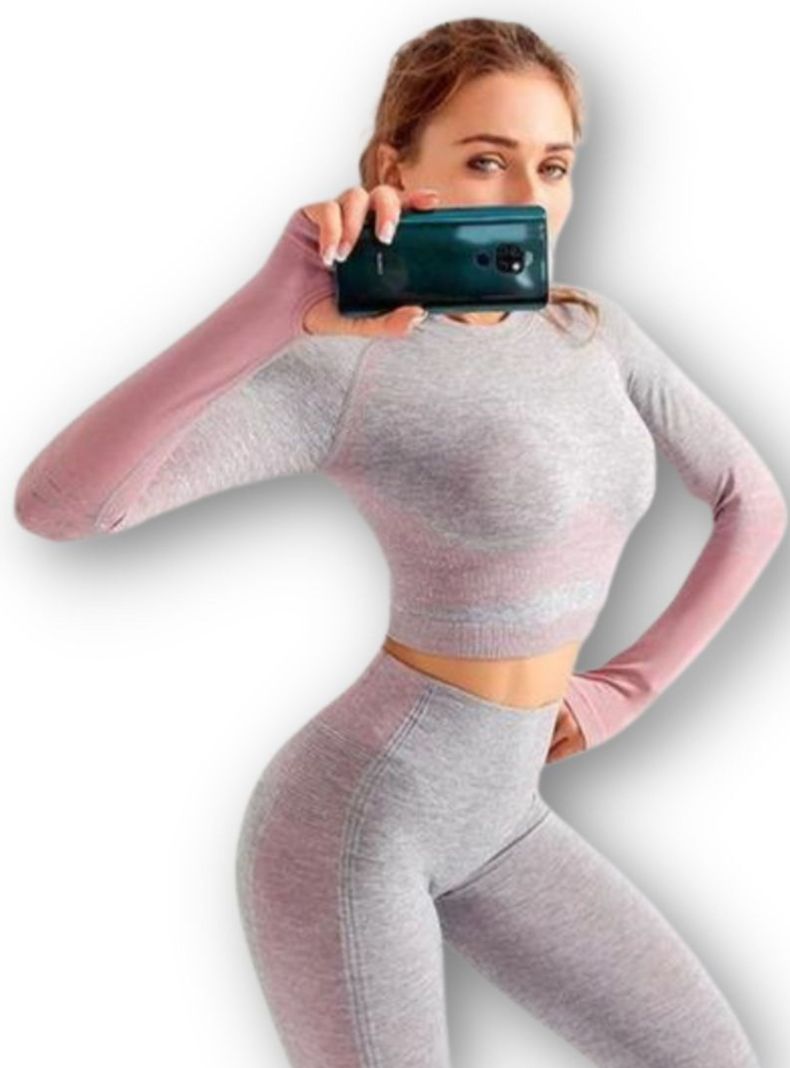 Conjunto Fitness Rosado Gimnasio 2 Piezas Manga Larga Sin Costuras-2