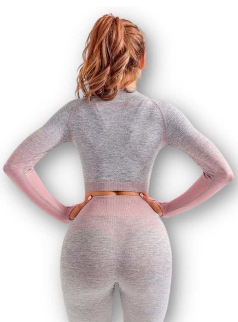 Conjunto Fitness Rosado Gimnasio 2 Piezas Manga Larga Sin Costuras-4