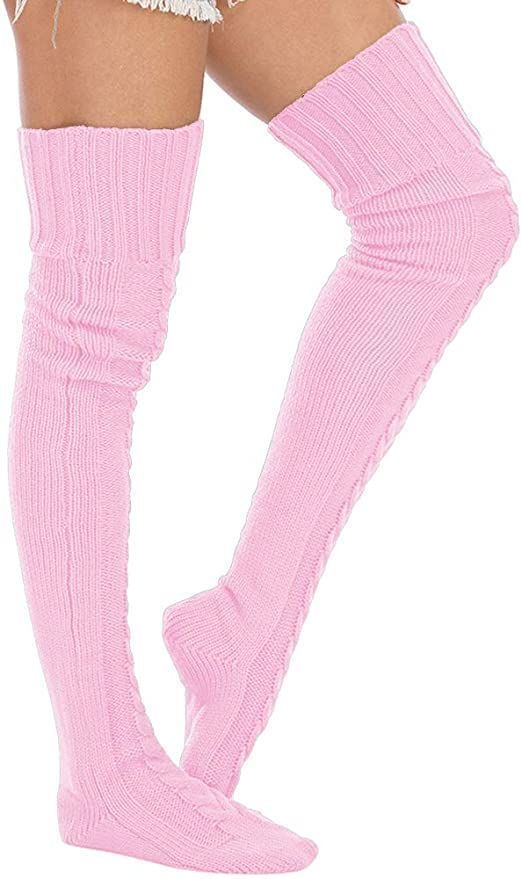 Calcetas Invierno tejidas encima de Rodilla ROSADA-3