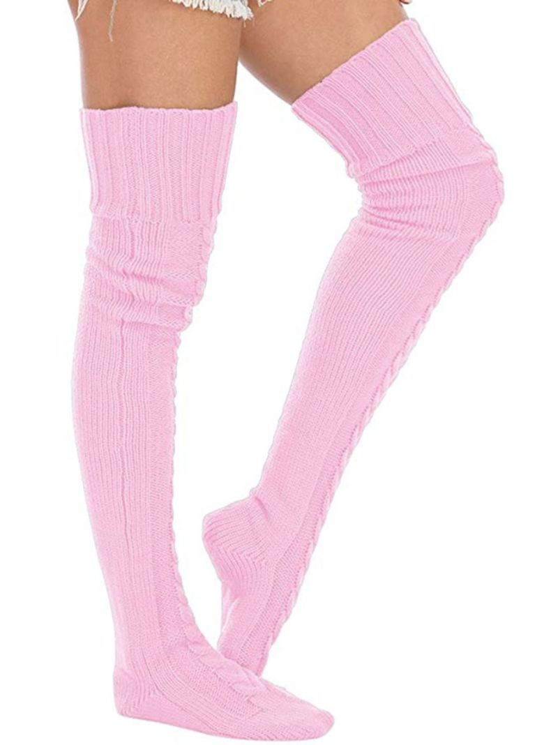 Calcetas Invierno tejidas encima de Rodilla ROSADA-4