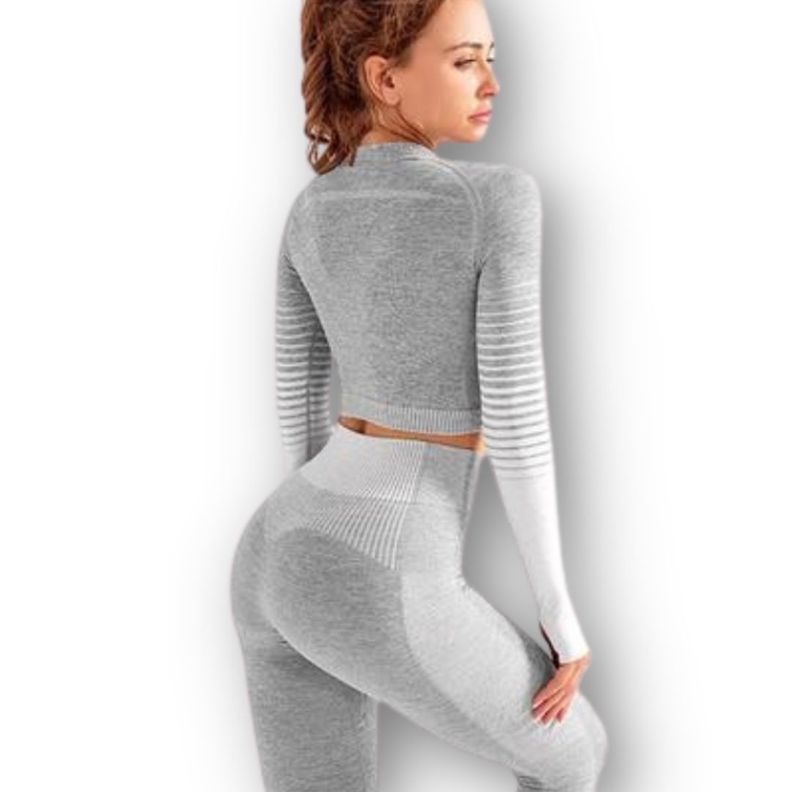 Conjunto Fitness Blanco Gimnasio 2 Piezas Manga Larga Sin Costuras-4