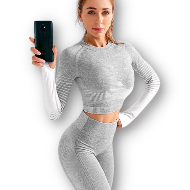 Conjunto Fitness Blanco Gimnasio 2 Piezas Manga Larga Sin Costuras-6