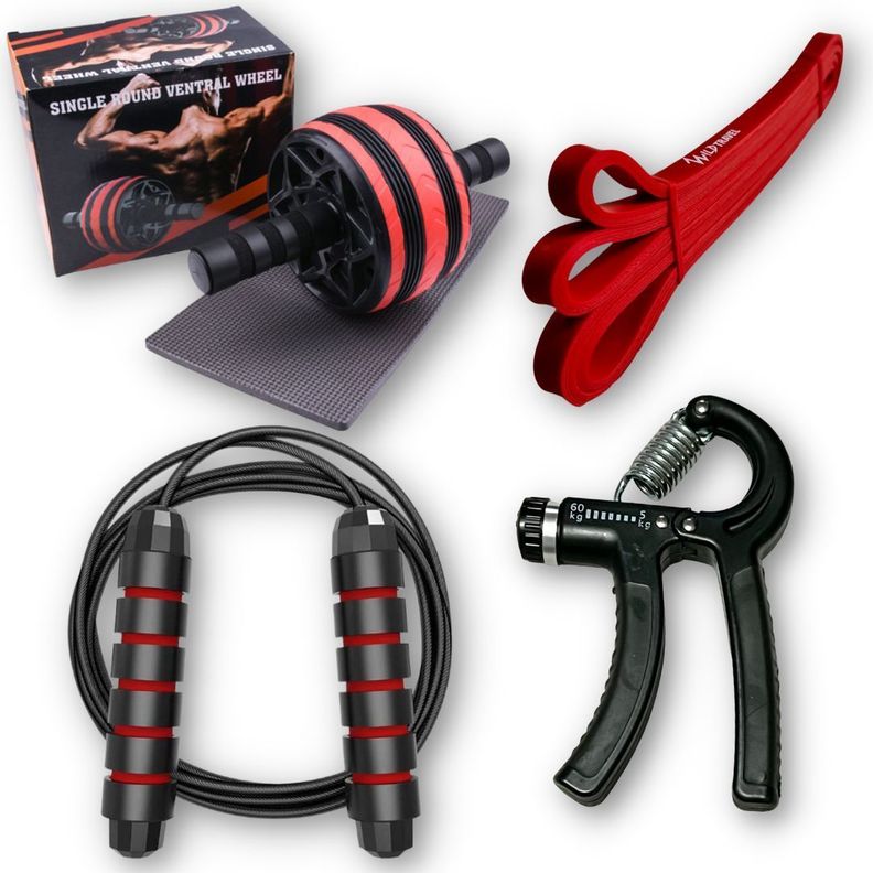 Kit 4 Fitness Abs Roll Banda Elástica Push Up Hand Grip Cuerda-0