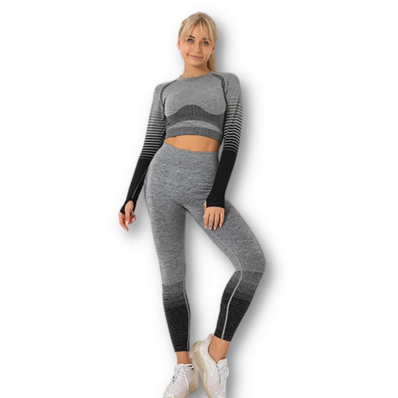 Conjunto Fitness Negro Gimnasio 2 Piezas Manga Larga Sin Costuras-2