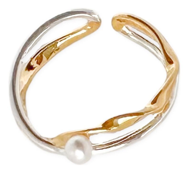 Anillo Cruzado Bicolor Perla Baño Oro-0
