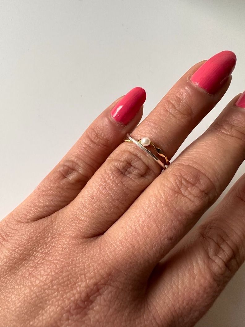 Anillo Cruzado Bicolor Perla Baño Oro-1