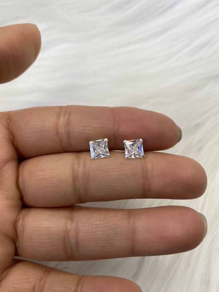 Aros Cuadrado 6 Mm Circon Blanco Plata Italiana 925-1