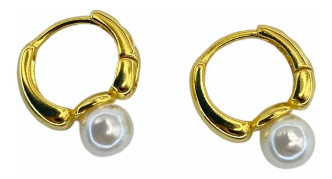 Aro Argolla Perla Blanca Plata S925 Baño Oro -0