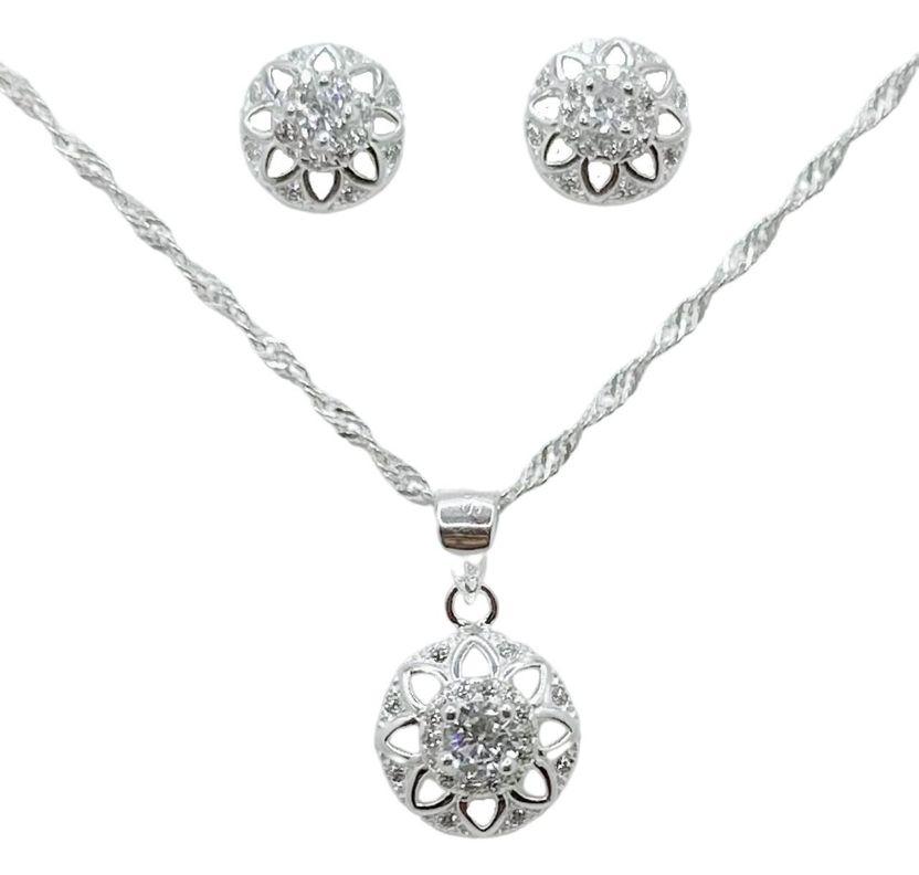 Hermoso Conjunto Dama Collar Cadena Aros Circones Plata 925-0