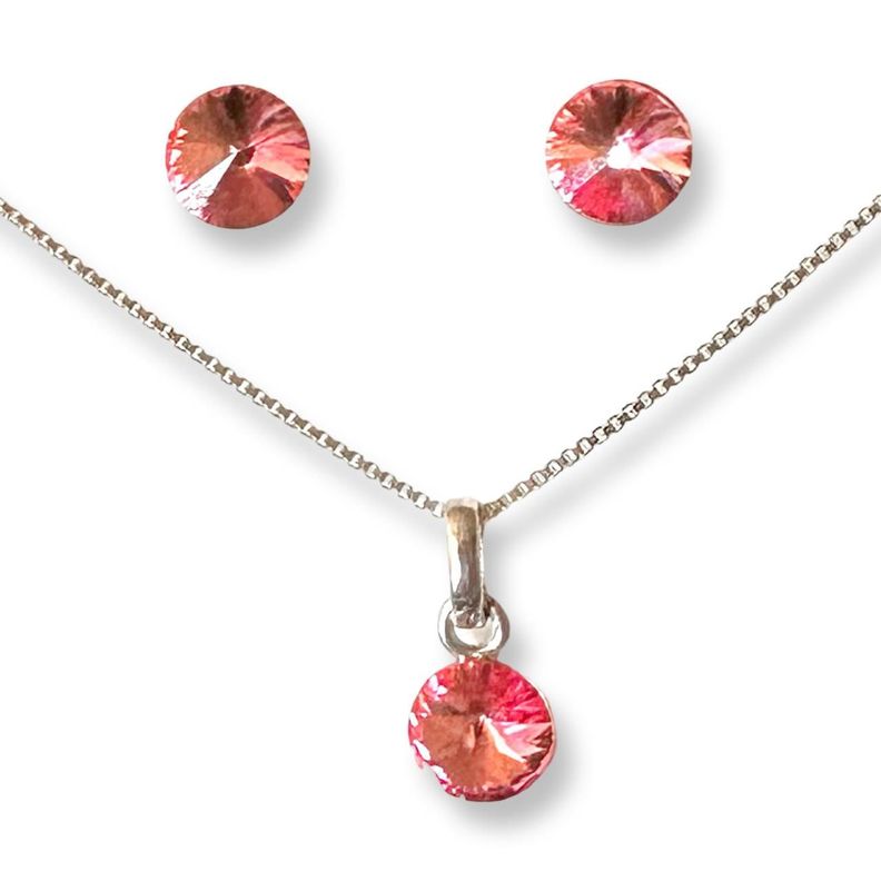 Conjunto Collar Aros cristal Rosado Plata 925 -0
