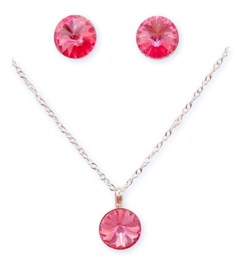Conjunto Collar Aros cristal Rosado Plata 925 -2