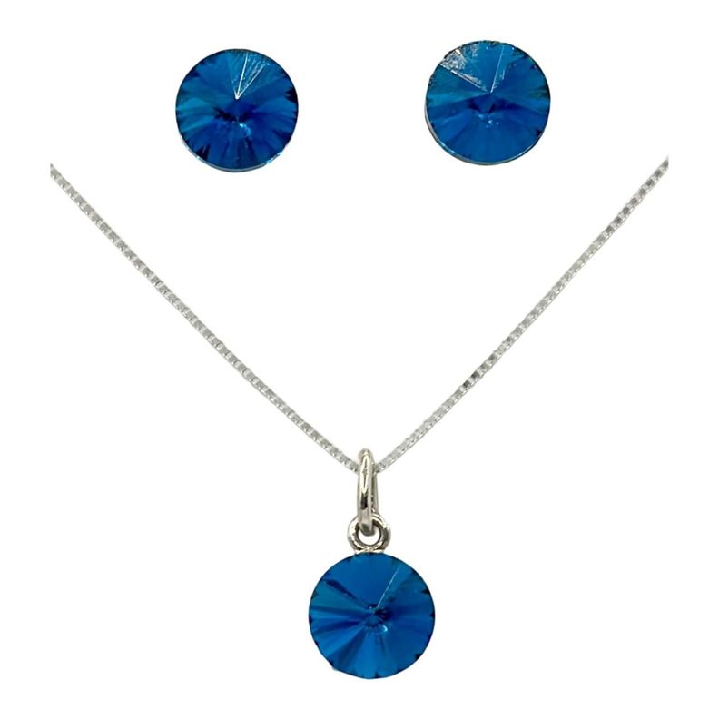 Conjunto Collar Aros Punto Luz Cristal Azul Plata 925-0