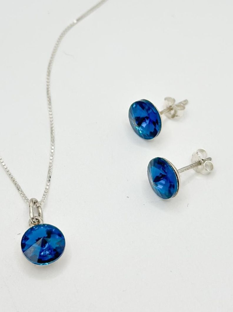 Conjunto Collar Aros Punto Luz Cristal Azul Plata 925-1