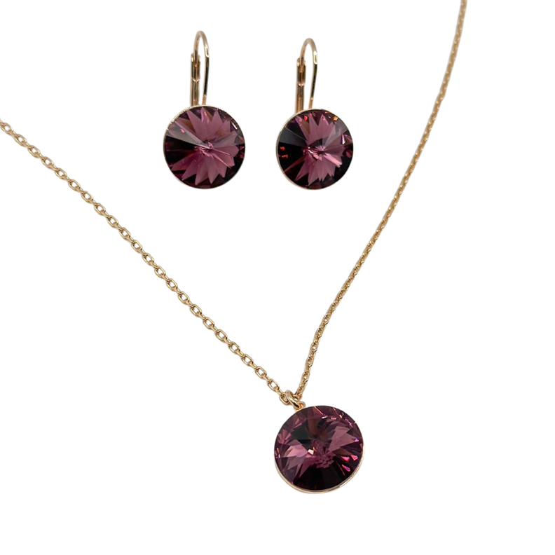 Conjunto Collar Aros Cristal Morado Baño Oro Rosa-0
