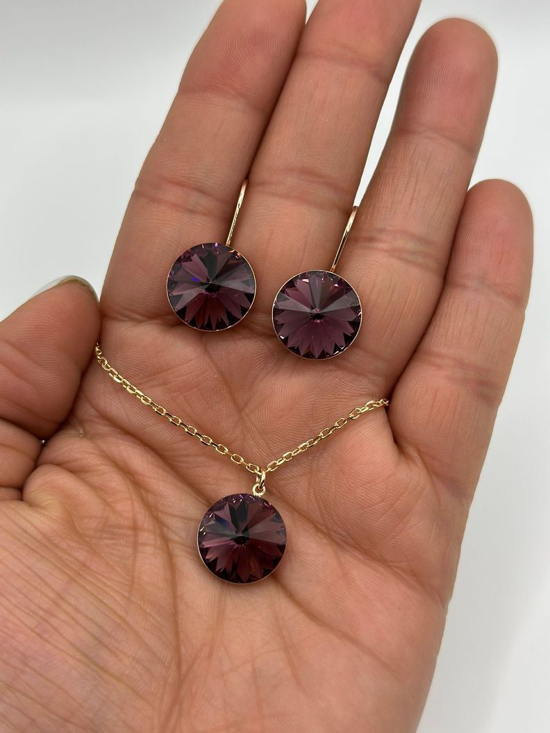Conjunto Collar Aros Cristal Morado Baño Oro Rosa-2