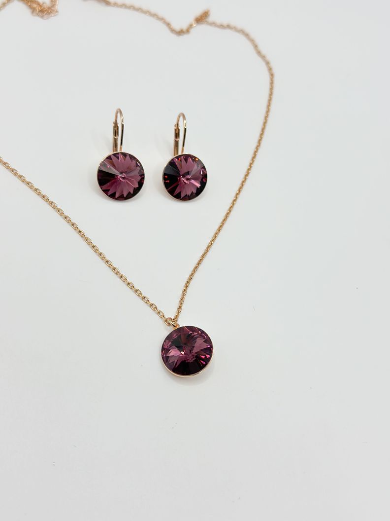 Conjunto Collar Aros Cristal Morado Baño Oro Rosa-3