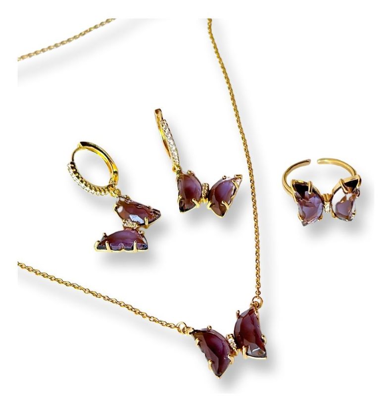 Conjunto Mariposa Collar Dije Aros Anillo Baño Oro-0