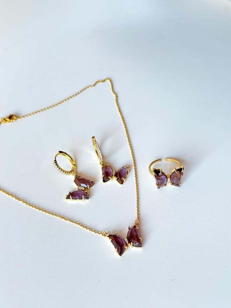Conjunto Mariposa Collar Dije Aros Anillo Baño Oro-1