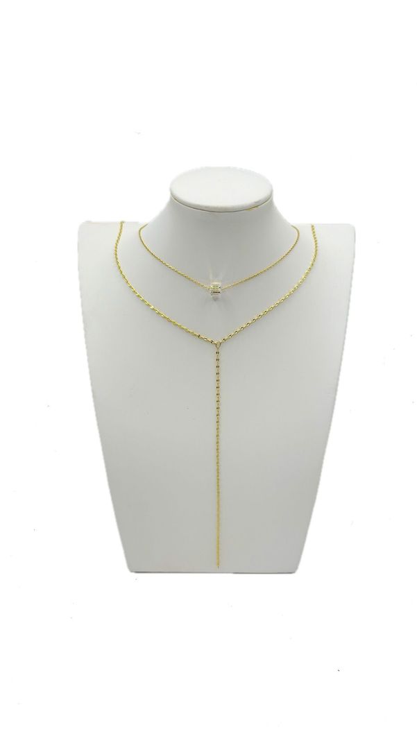 Collar Doble Corbata Cubo Cristal Tornasol Plata Baño Oro-0