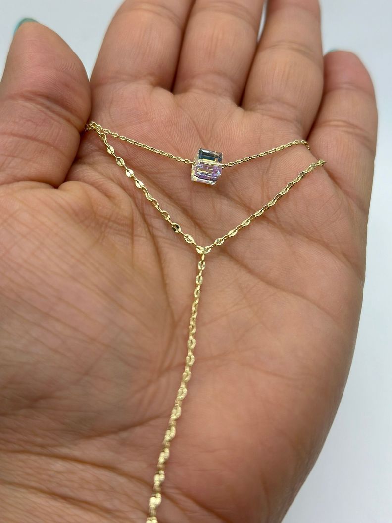Collar Doble Corbata Cubo Cristal Tornasol Plata Baño Oro-1